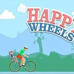 Mężczyzna z dzieckiem na rowerze i duży napis HAPPY WHEELS na tle krajobrazu z drzewami i niebem