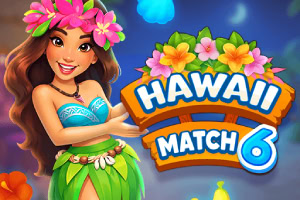 Uśmiechnięta hawajska tancerka w kwiatowym wianku obok kolorowego napisu „Hawaii Match 6