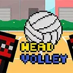 Dwóch pikselowych bohaterów z kwadratowymi głowami i piłką na boisku, z napisem „Head Volley” na środku