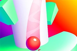 Kolorowa ilustracja przedstawiająca czerwoną kulkę obok abstrakcyjnych geometrycznych kształtów i gradientowego tła w odcieniach zieleni, różu i pomarańczu