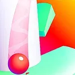 Kolorowa ilustracja przedstawiająca czerwoną kulkę obok abstrakcyjnych geometrycznych kształtów i gradientowego tła w odcieniach zieleni, różu i pomarańczu
