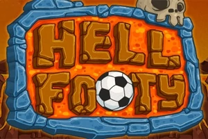 Kamienna tablica z napisem Hell Footy w stylu lawy, z piłką nożną i czaszką na pomarańczowym tle