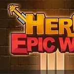 Napis Hero Epic War na tle muru z mieczami skrzyżowanymi nad literami