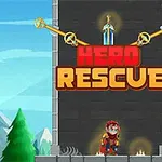 Rycerz w czerwonej zbroi stoi przed dużą wieżą z napisem Hero Rescue w tle, otoczony górami i drzewami