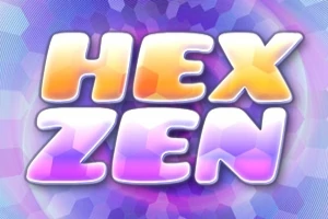 Kolorowy napis HEX ZEN z efektem gradientu na tle wielokątów w odcieniach fioletu i błękitu