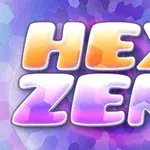 Kolorowy napis HEX ZEN z efektem gradientu na tle wielokątów w odcieniach fioletu i błękitu