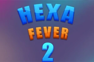Niebieskie i pomarańczowe litery układają się w napis HEXA FEVER 2 na fioletowym tle
