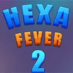 Niebieskie i pomarańczowe litery układają się w napis HEXA FEVER 2 na fioletowym tle