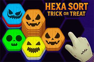 Hexa Sort Trick or Treat Kolorowe heksagonalne klocki z dyniowymi twarzami oraz ręka z bliznami na fioletowym tle