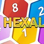 Kolorowe, sześciokątne kafelki z liczbami i dużym napisem HEXALAU na środku
