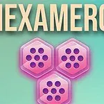 Napis HEXAMERGE na niebiesko-zielonym tle z trzema różowymi sześciokątami poniżej