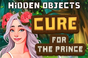 Postać kobiety z białymi włosami i różami we włosach na tle lasu, z napisami Hidden Objects i Cure for the Prince