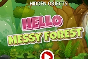 Kolorowa ilustracja lasu z dużymi napisami HELLO MESSY FOREST oraz przyciskiem odtwarzania w dolnej części