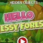 Kolorowa ilustracja lasu z dużymi napisami HELLO MESSY FOREST oraz przyciskiem odtwarzania w dolnej części