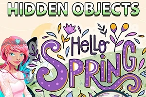 Kobieta z różowymi włosami obok kolorowego napisu Hello Spring z kwiatowymi motywami