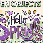 Kobieta z różowymi włosami obok kolorowego napisu Hello Spring z kwiatowymi motywami