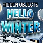 Pejzaż zimowy z napisem Hello Winter, widoczny księżyc, lupa i zasypany śniegiem domek