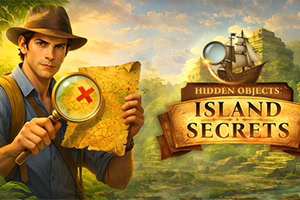 Poszukiwacz przygód z mapą i lupą stoi obok drewnianego szyldu „Island Secrets na tle tropikalnej wyspy