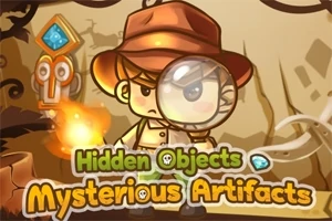 Kreskówkowy poszukiwacz przygód z lupą i kapeluszem, stojący na tle egzotycznych ruin z widocznymi ognistymi elementami i tekstem Hidden Objects Mysterious Artifacts