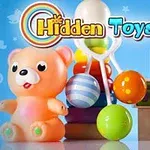 Miś, kolorowe klocki i zabawki na niebieskim tle z napisem Hidden Toys