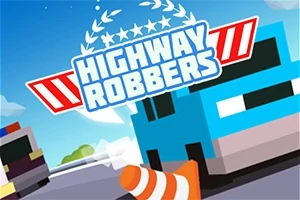 Plakat z napisem Highway Robbers na tle niebieskiego samochodu i pachołka drogowego