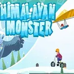 Yeti ryczący na ośnieżonym tle z osobą w paralotni i na skuterze śnieżnym oraz napis Himalayan Monster
