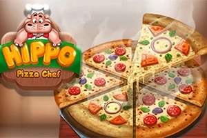 Pizza podzielona na kawałki z różnymi dodatkami oraz zabawne logo z hipopotamem w czapce kucharskiej