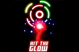 Czarne tło z kolorowymi, neonowymi okręgami i fragmentami, centralnym czerwonym światłem oraz napisem Hit the Glow na dole