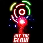 Czarne tło z kolorowymi, neonowymi okręgami i fragmentami, centralnym czerwonym światłem oraz napisem Hit the Glow na dole