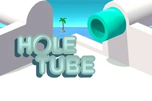 Niebiesko-zielony napis HOLE TUBE na tle futurystycznej scenerii z rurą i palmą na wyspie