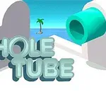 Niebiesko-zielony napis HOLE TUBE na tle futurystycznej scenerii z rurą i palmą na wyspie