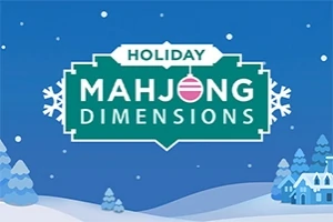 Niebieskie tło z napisem Holiday Mahjong Dimensions ozdobionym śnieżynkami, w zimowej scenerii z drzewami pokrytymi śniegiem i domkiem