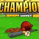 Kij bejsbolowy, rękawica, piłka i kask na trawie stadionu z dużym napisem CHAMPION u góry