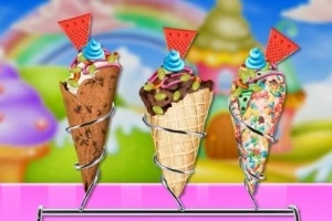 Trzy lody w rożkach z posypkami, niebieską bitą śmietaną i plasterkami arbuza w tle z tęczą i baśniowymi budynkami