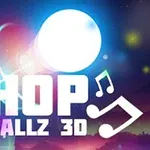 Jasne, lśniące kule na tle kolorowych świateł z napisem HOP BALLZ 3D i nutami