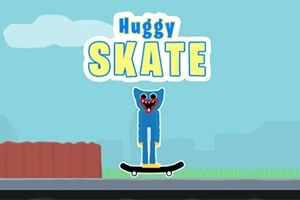 Niebieska postać z otwartą buzią stoi na deskorolce na tle krajobrazu z ogrodzeniem i trawą, z napisem Huggy Skate nad nią