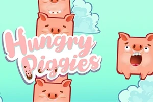Różowe, kwadratowe świnki na niebieskim tle z napisem Hungry Piggies