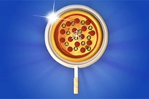 Ilustracja pokazuje pizzę na patelni z uchwytem, na niebieskim tle
