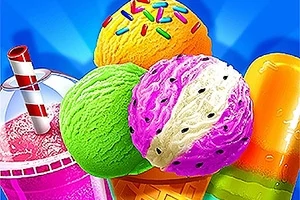 Kolorowe lody gałkowe i napój z rurką na tle niebieskim