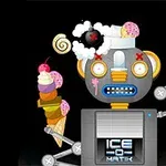 Robot trzymający kolorowe lody w wafelku, z oczami w formie czerwonych iksów i parą z uszu, na czarnym tle