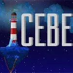 Latarnia morska na niebieskiej skale z napisem ICEBERG na niebieskim tle z meduzami