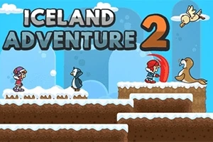 Postacie w zimowej scenerii z ośnieżonymi platformami i tytułem Iceland Adventure 2 na niebieskim tle