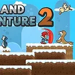 Postacie w zimowej scenerii z ośnieżonymi platformami i tytułem Iceland Adventure 2 na niebieskim tle