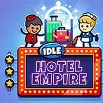Hotelowa recepcja z animowanymi postaciami boya hotelowego i pokojówki oraz kolorowe walizki na niebieskim tle
