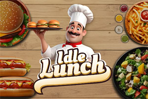 Kucharz trzymający tacę z posiłkami, otoczony obrazami burgerów, frytek, hot-dogów i sałatki, z napisem Idle Lunch