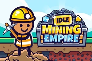 Postać uśmiechniętego górnika z kilofem i kaskiem obok logo z napisem Idle Mining Empire na tle kopalni wypełnionej węglem i kamieniami