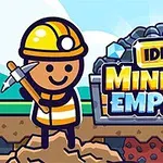 Postać uśmiechniętego górnika z kilofem i kaskiem obok logo z napisem Idle Mining Empire na tle kopalni wypełnionej węglem i kamieniami