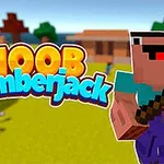 Postać z pikselową grafiką trzyma siekierę na tle kolorowej, klockowej scenerii, obok napisu Noob Lumberjack