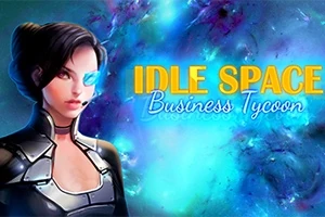 Postać kobiety z futurystycznym zestawem komunikacyjnym na tle kosmosu z napisem Idle Space Business Tycoon