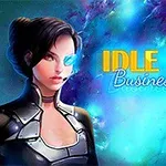 Postać kobiety z futurystycznym zestawem komunikacyjnym na tle kosmosu z napisem Idle Space Business Tycoon